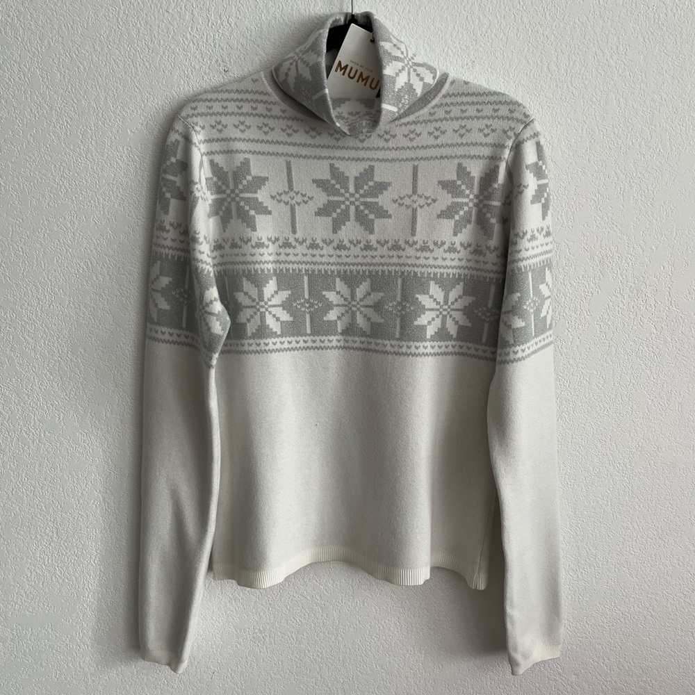 Show Me Your Mumu Turtleneck Ski Pullover in Silver Fair Isle Knit NWT